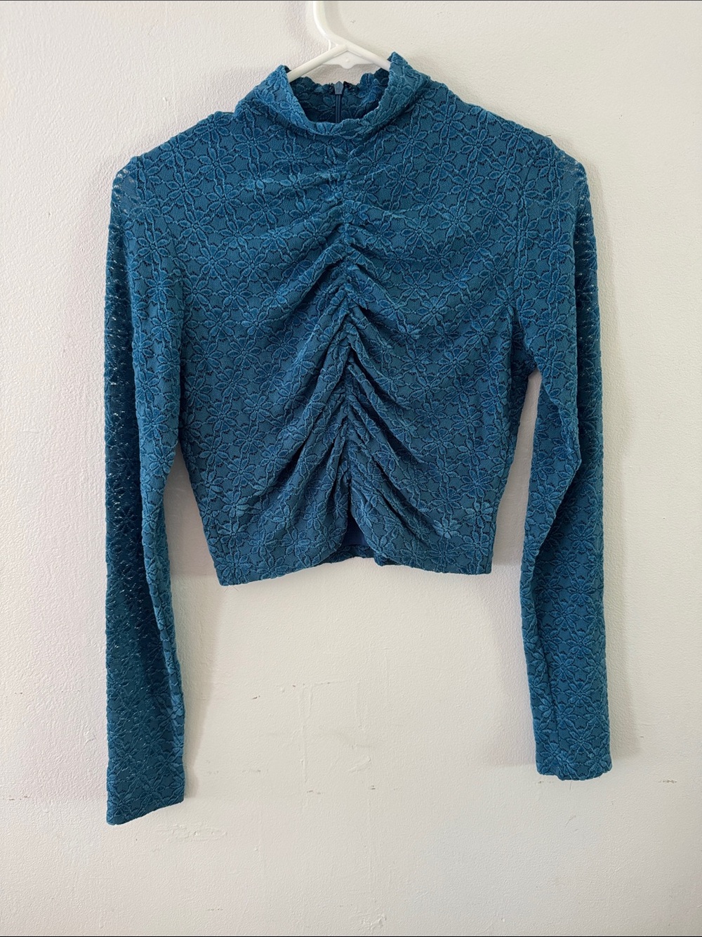 Amanda Uprichard Teal Blue Ruched  Mock Neck Long Sleeve Top Sz S